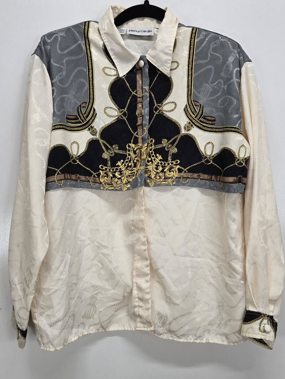 VTG Pierre Cardin Silk Blouse 80s Equestrian Chain Baroque Print Shirt Cream 10
